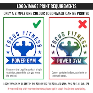 Puede incluir: Un dise&ntilde;o gr&aacute;fico que muestra los requisitos para imprimir un logotipo o una imagen. El gr&aacute;fico de la izquierda muestra una silueta azul de un culturista con el texto "FOCUS FITNESS POWER GYM" en un c&iacute;rculo. El gr&aacute;fico de la derecha muestra una silueta multicolor de un culturista con el texto "FOCUS FITNESS POWER GYM" en un c&iacute;rculo. El gr&aacute;fico de la izquierda est&aacute; marcado con una marca de verificaci&oacute;n verde y el gr&aacute;fico de la derecha est&aacute; marcado con una X roja.