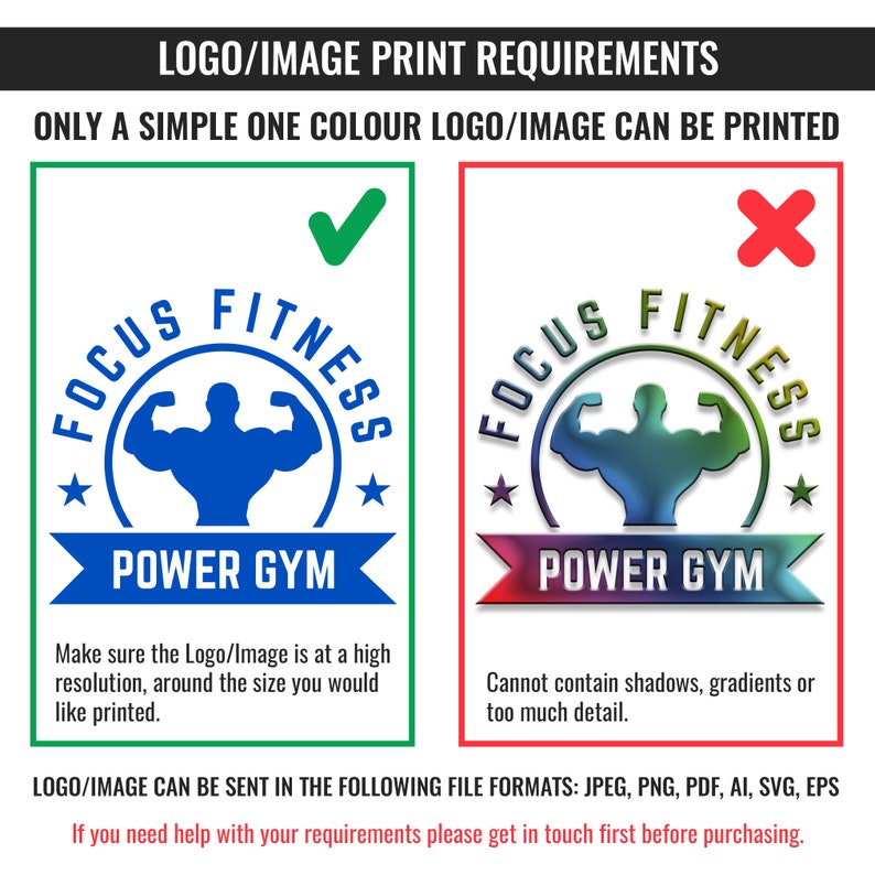 Puede incluir: Un dise&ntilde;o gr&aacute;fico que muestra los requisitos para imprimir un logotipo o una imagen. El gr&aacute;fico de la izquierda muestra una silueta azul de un culturista con el texto "FOCUS FITNESS POWER GYM" en un c&iacute;rculo. El gr&aacute;fico de la derecha muestra una silueta multicolor de un culturista con el texto "FOCUS FITNESS POWER GYM" en un c&iacute;rculo. El gr&aacute;fico de la izquierda est&aacute; marcado con una marca de verificaci&oacute;n verde y el gr&aacute;fico de la derecha est&aacute; marcado con una X roja.