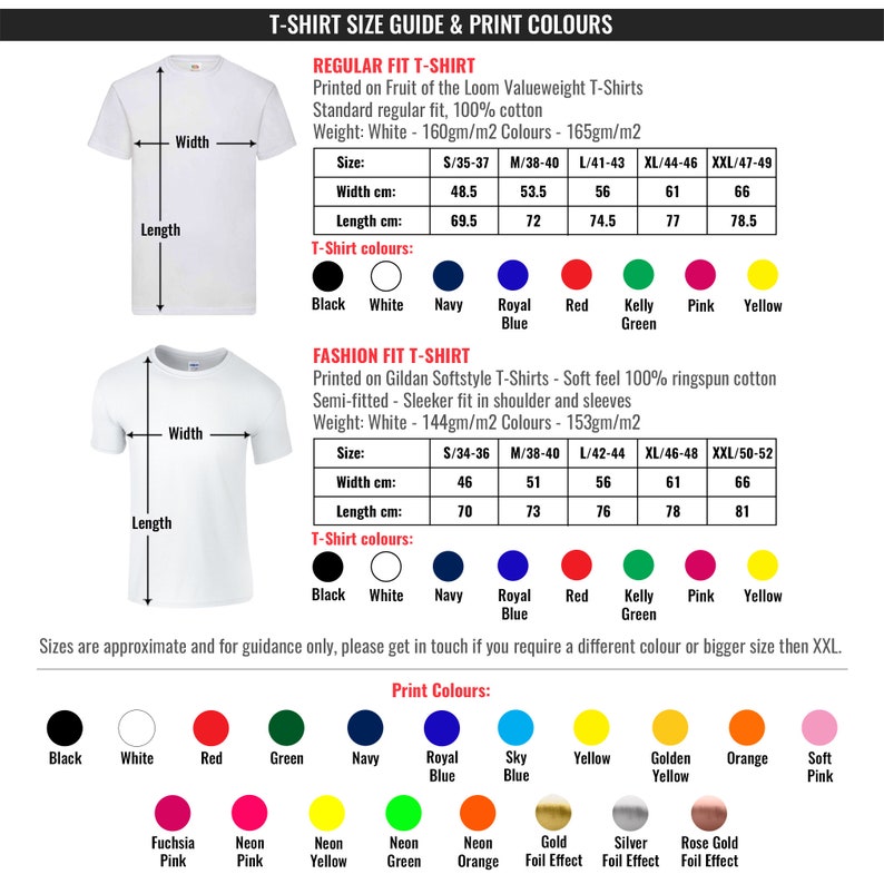 Puede incluir: Gu&iacute;a de tallas y colores de impresi&oacute;n para camisetas con dos camisetas blancas, una de corte cl&aacute;sico y otra de corte moderno. La tabla incluye medidas de tallas en pulgadas y cent&iacute;metros, y una paleta de colores que incluye negro, blanco, azul marino, azul real, rojo, verde kelly, rosa y amarillo.