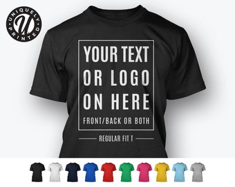 Personalised T Shirt Custom Printed Your Text Logo Design Regular Fit Unisex Tee