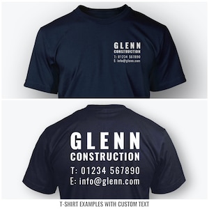 Puede incluir: Una camiseta azul oscuro con texto blanco que dice "GLENN CONSTRUCTION" e incluye un n&uacute;mero de tel&eacute;fono y una direcci&oacute;n de correo electr&oacute;nico. El texto est&aacute; en la parte delantera y trasera de la camiseta.