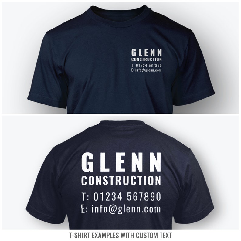 Puede incluir: Una camiseta azul oscuro con texto blanco que dice "GLENN CONSTRUCTION" e incluye un n&uacute;mero de tel&eacute;fono y una direcci&oacute;n de correo electr&oacute;nico. El texto est&aacute; en la parte delantera y trasera de la camiseta.