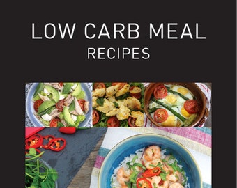 May include: A collage of four images showcasing low carb meal recipes. The top row features a salad with chicken, avocado, and tomatoes, a salad with chicken and tomatoes, and a casserole with eggs, asparagus, and tomatoes. The bottom row features a bowl of rice with shrimp, red pepper, and cilantro. The text "LOW CARB MEAL RECIPES" is displayed in white on a black background. The website address "www.cassafit.com" is displayed at the bottom of the image.