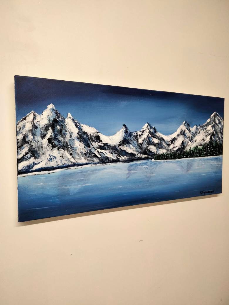 Tableau Peint sur Toile à L Acrylique Aux Pinceau et Couteau Montagne Enneigé Lac