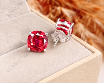 925 Sterling Silver Handmade Blood Red Ruby Stud Earrings, Natural Ruby Gems Studs, Best Gift For Love, 8x8 mm Cushion Cut Gem Earrings