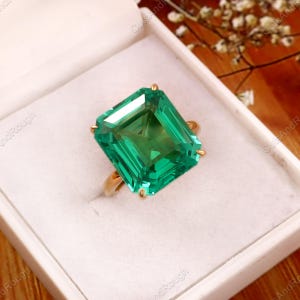 Natural Green Colombian Emerald 925 Sterling Gold Plated Ring, 12x14 mm Emerald Cut Ring for Women, Wedding Ring, Valentine Gift For Love