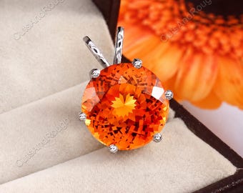 Natural Orange Ceylon Sapphire Pendant 14x14 MM, 925 Sterling Silver Round Cut Charm Pendant, Valentine Gift For Love, Sapphire Gems Pendant