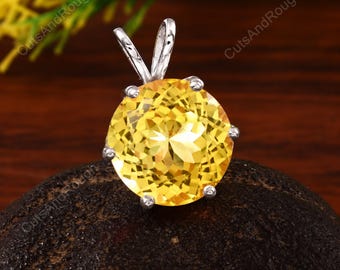 Natural Yellow Ceylon Sapphire Pendant 14x14 mm, 925 Sterling Gold Plated Round Cut Charm Pendant, Valentine Gift For Love, Sapphire Pendant