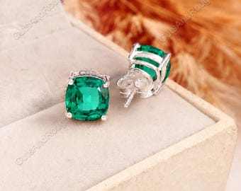 925 Sterling Silver Handmade Green Zambian Emerald Stud Earrings, Natural Emerald Gems Studs, Best Gift For Love, 8x8 mm Cushion Earrings