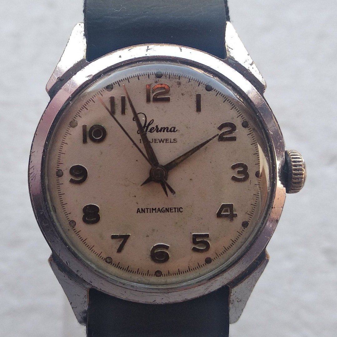 Montre Mécanique Suisse HERMA Incabloc - Style Militaire - Acier - Occasion Fonctionnelle