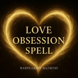 Könnte beinhalten: Digitalgrafik mit einer leuchtenden goldenen Herzform auf schwarzem Hintergrund. Die Worte "LOVE OBSESSION SPELL" stehen in der Mitte, darunter "WHITE LIGHT ALCHEMY". Das Herz besteht aus wirbelndem Licht.