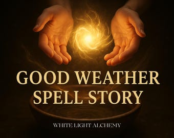 May include: An image with the text "GOOD WEATHER SPELL STORY" and "WHITE LIGHT ALCHEMY". Two hands are cupped around a bright, swirling light. A wooden bowl is at the bottom of the image.