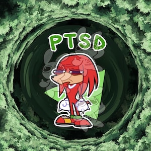 May include: A cartoon illustration of a red character with a red mohawk, wearing red and white clothing, with the word "PTSD" in green letters above the character.