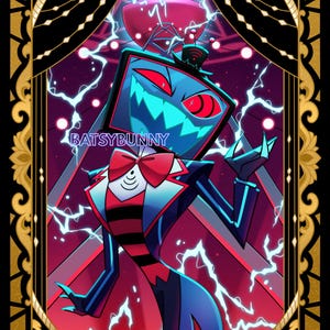 以下が含まれることがあります： ハズビンホテルのキャラクターのタロットカードのイラスト。キャラクターはテレビの頭、赤い目、赤い蝶ネクタイをしています。カードは金色のフレームで囲まれ、「THE TOWER」の文字が入っています。背景は紫と赤で、稲妻が描かれています。