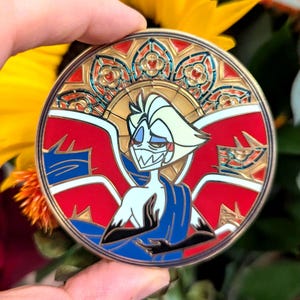 B GRADE 2.5in Angel Lucifer Unholy Trinity Stained Glass Window Enamel Pin Hazbin Hotel Cathedral Gold