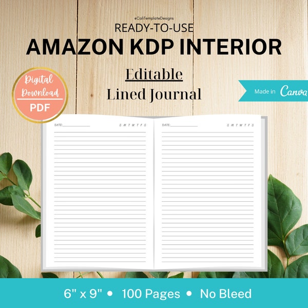 KDP Interior Lined Journal 6x9, 100 pages, Editable in Canva Template, Ready to Upload, PDF, Commercial Use