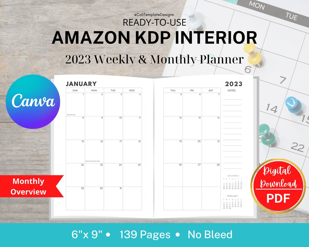 Editable Calendar KDP Interior 2023 Weekly & Monthly Planner, Canva