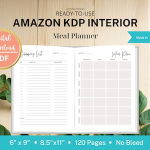 KDP Meal Planner, KDP Interior Weekly Meal Planner, 120 Pages, 6x9 & 8.5x11, Ready to Upload, PDF, Commercial Use