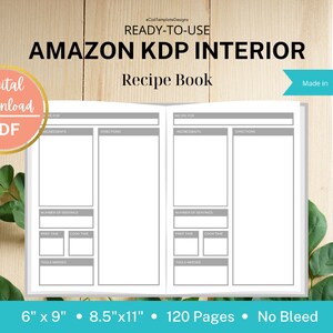 KDP Interior Recipe Book, Gray, 120 Pages, 6x9 & 8.5x11, Ready to Upload, PDF, Commercial Use