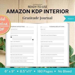 KDP Interior Gratitude Journal, 90 Days, 180 Pages, 6x9 & 8.5x11, Ready to Upload, PDF, Commercial Use