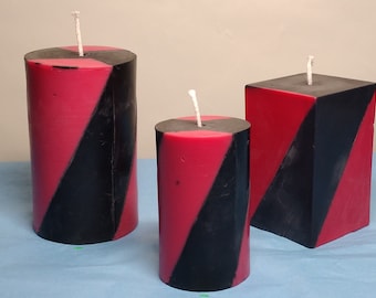 Red on Black "Barber" Pattern Pillar Candles - Set of 3 - Vibrant Colours, Unique Design