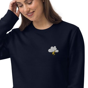 Storm embroidered sweater - Thick embroidered long-sleeved unisex sweatshirt (eco-responsible clothing) - 100% cotton sweatshirt - cloud with lightning