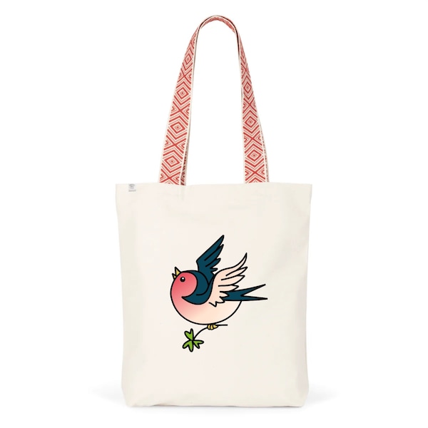 Swallow embroidered totebag - Ethnic organic cotton totebag - Thick bag with old school swallow print inside pocket