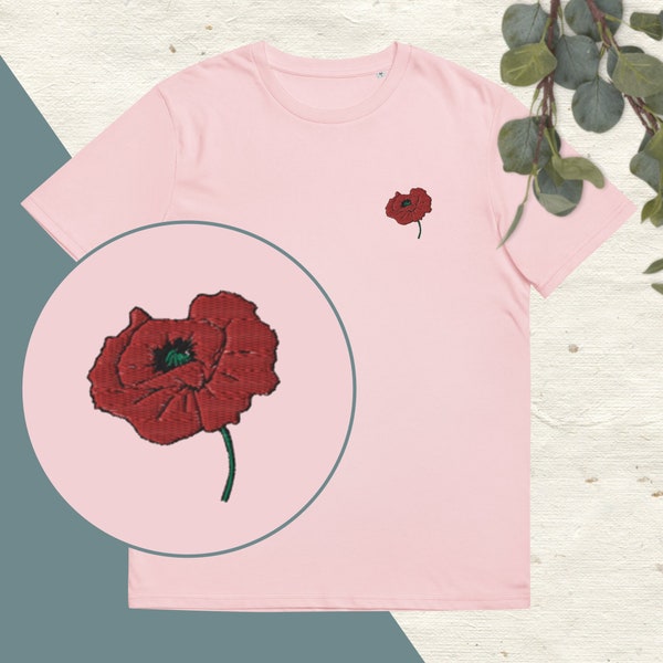 T-shirt brodé coquelicot - T shirt rose à manches courtes en coton rose brodé unisexe - coquelicot