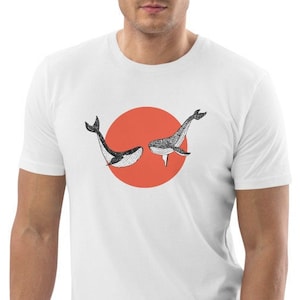 White printed short-sleeved unisex t-shirt in organic cotton - whales under gravel