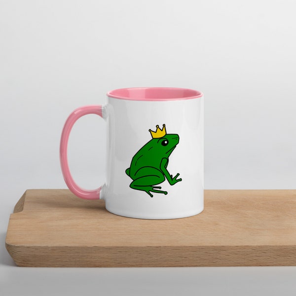 Mug prince charmant, tasse en céramique blanc brillant à l'intérieur coloré en rose ou en noir - prince grenouille