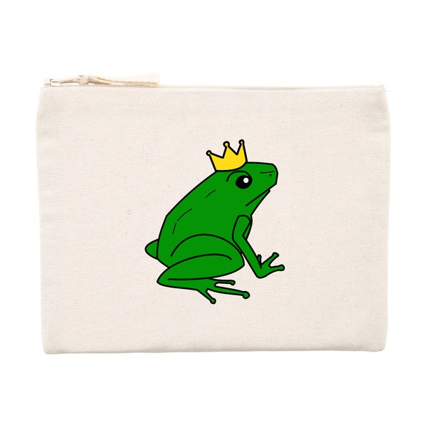 Eco-responsible zipped pencil case in white printed cotton and recycled polyester 21.5 cm x 16 cm - frog prince