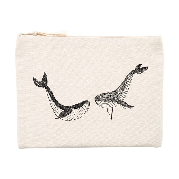 Eco-responsible zipped pencil case in white printed cotton and recycled polyester 21.5 cm x 16 cm - couple of whales