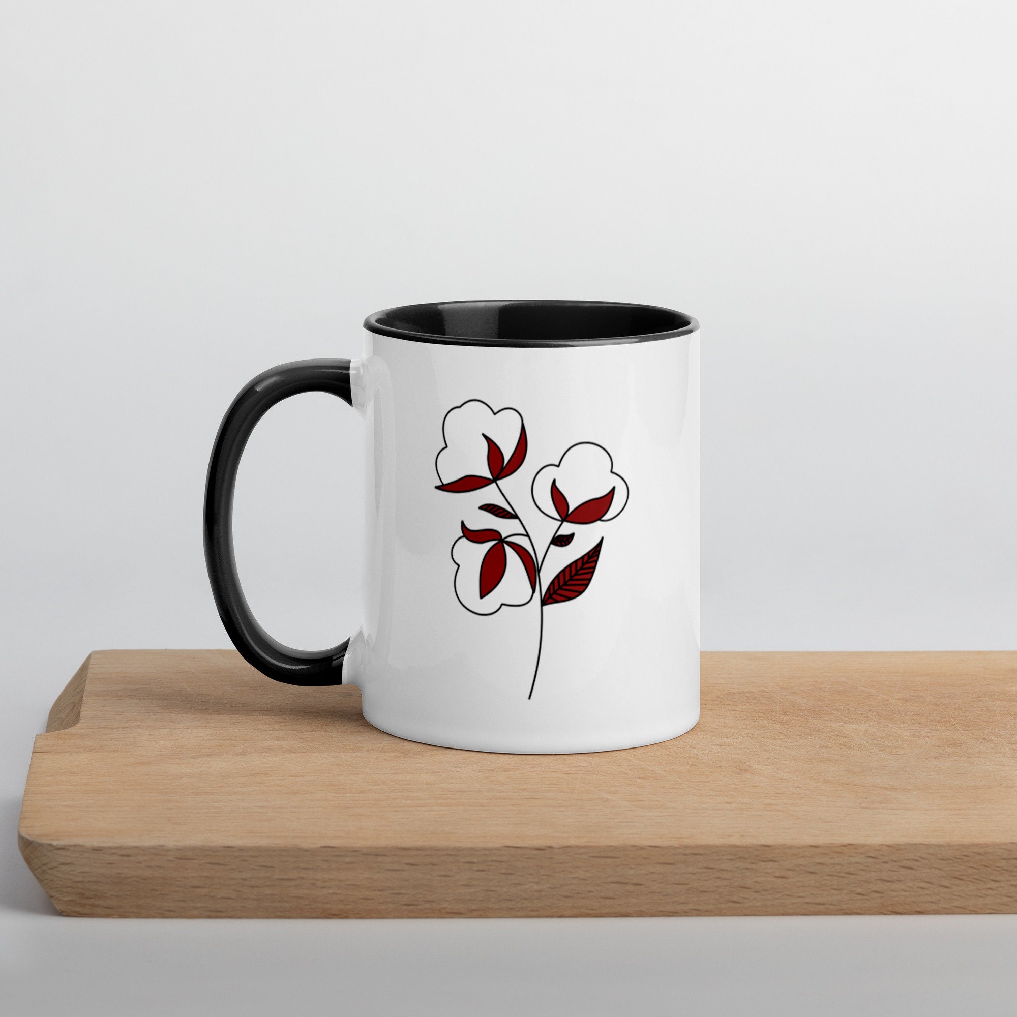 Mug Blanc Brillant à L'intérieur Coloré en Noir - Fleur de Coton