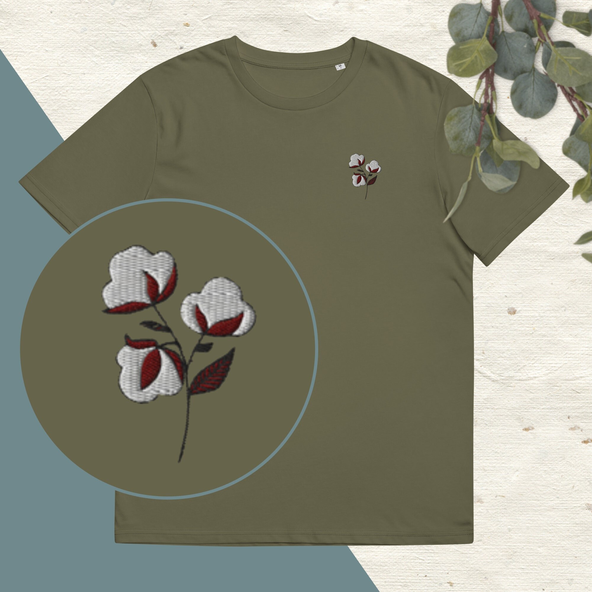 Tshirt brodé fleur de coton- T-shirt brodé à manches courtes et col rond unisexe en coton biologique - fleur de coton
