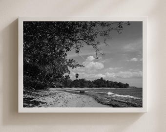Arte mural de playa en blanco y negro, impresión fotográfica de paisaje costero