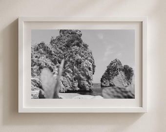 Black and White Coastal Wall Art, Ocean Rock Photography Print