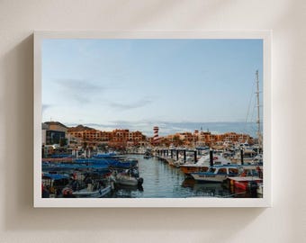 Coastal Marina Wall Art Print, Harbor Boats Photography, Lighthouse Seaside Photo, Mediterranean Travel Decor, Nautical Home Art