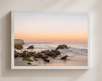 Pastel Beach Sunset Photography Print, Coastal Wall Art, Ocean Waves & Rocks Seascape Photo, Neutral Modern Home Decor