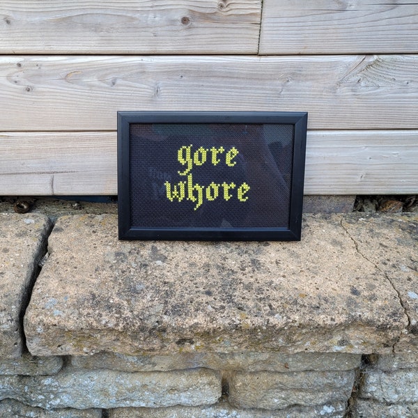 Gore Whore - handmade spooky cross stitch framed wall decor horror cute gothic pattern halloween