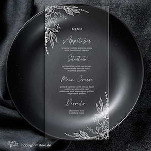 Karta menu ze szkła akrylowego/menu/dekoracja stołu/pleksi/ślub/uroczystość
