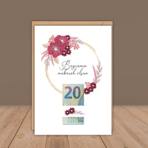 Bayram Zuckerfest Geschenkkarte einzeln / 5er Set, Bayram Tebrik Karti, Rote Blumen Geldgeschenke