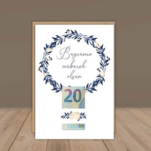Bayram Zuckerfest Geschenkkarte einzeln / 5er Set, Bayram Tebrik Karti, Blaue Blumen Geldgeschenke