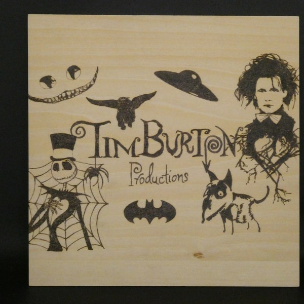 Tim Burton affiche pyrogravure sur bois fait main