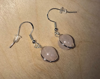 Rose quartz bead earrings, wire wrapped dangle earrings, healing crystal earrings, gift under 20, handmade jewelry, drop earrings, small