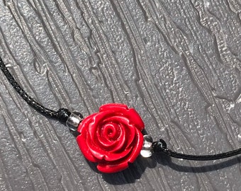 Red rose choker necklace, adjustable choker cord, string necklace for her, minimalist, handmade jewelry, Black cord choker, back to school