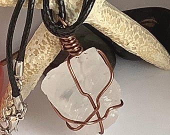 Handmade Raw Clear Quartz Pendant: Antique Copper Wire Wrapped Crystal Necklace