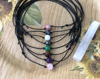 Handmade Crystal jewelry, Choker Necklace with pendant: adjustable Gemstone Beaded black Cord Necklace, boho jewelry for women