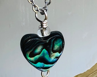 Handmade Abalone Heart Necklace: Stainless Steel Boho pendant, abalone paua shell heart choker