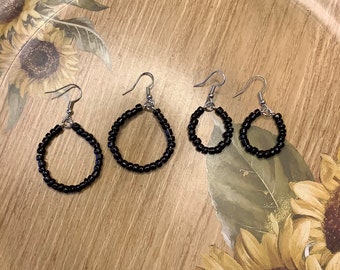 Black bead hoop earrings, seed bead hoop earrings, dangle small hoop earrings, gift for girl under 15 boho hoop earrings