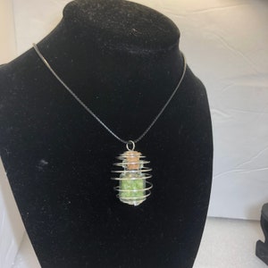 Glass jar necklace, Crystals in a jar pendant, Small bottle necklace, peridot bottle, rose quartz in spiral cage